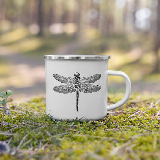 white enamel mug with dragonfly design