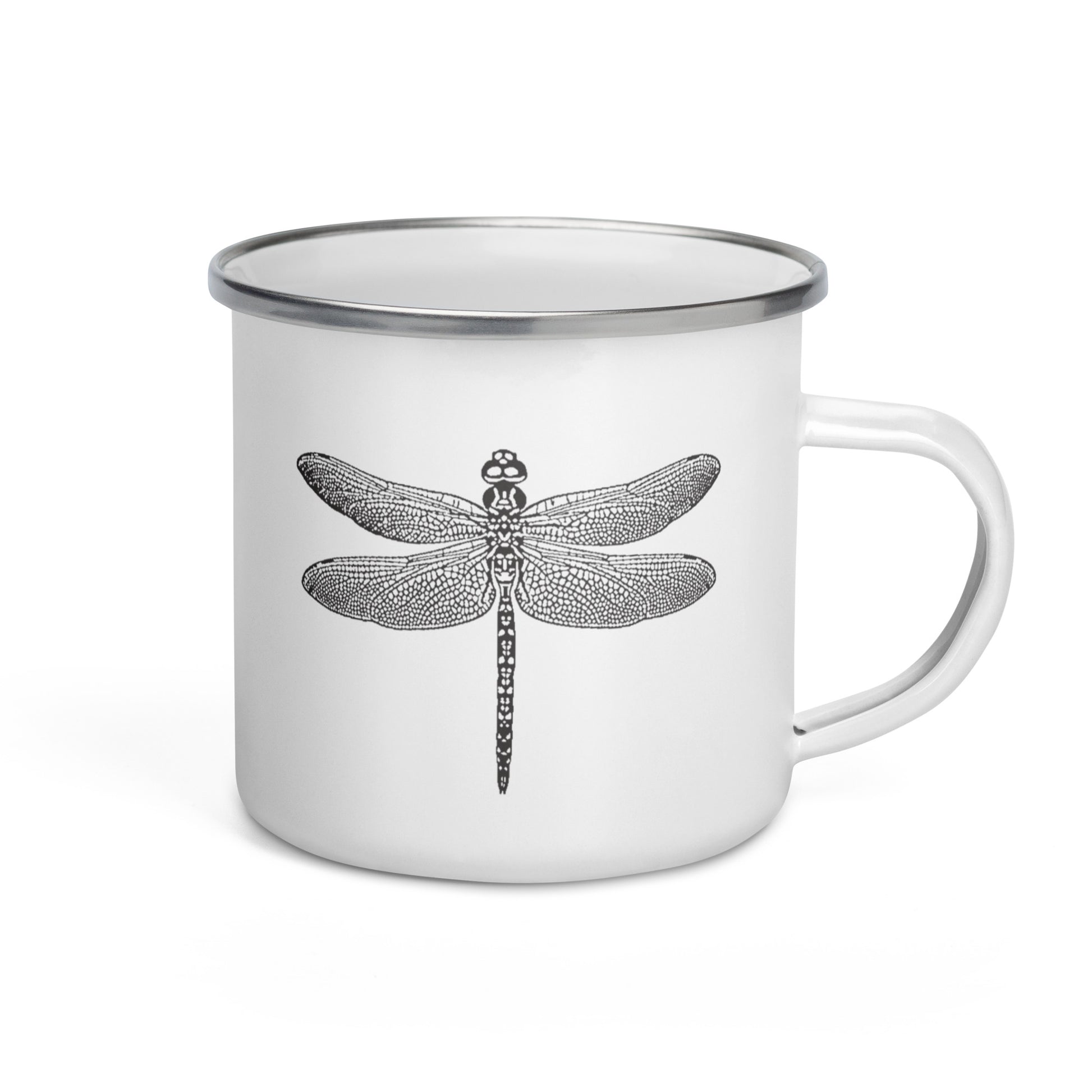 white enamel mug with dragonfly design