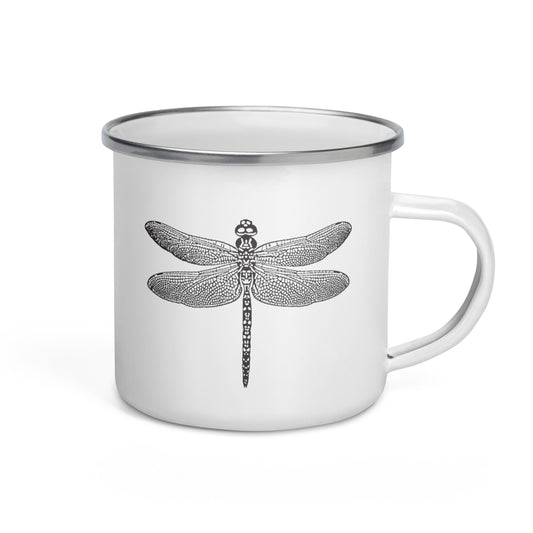 white enamel mug with dragonfly design